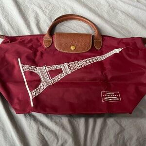 Longchamp Burgundy M handbag with exclusive Eiffel Tower Design